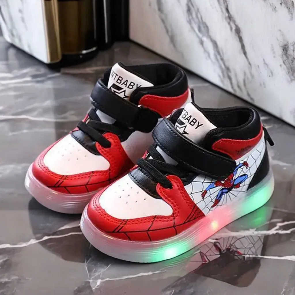 Disney Childrens Sneakers Boys Girls Spiderman Led Light Sport Shoes Student Shoes Hook Antislip Kids Outdoor Basket Shoes H251101
