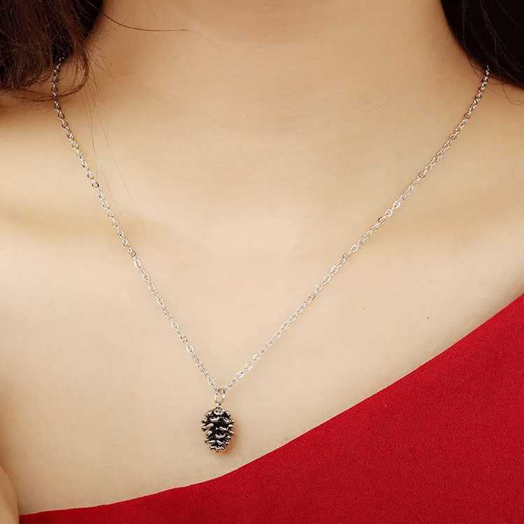 Retro Dangle Pine Cone Fruit Vintage Silver Plated Bronze Necklace for WomenC250407