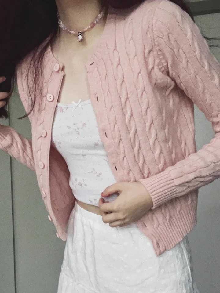 Twisted Flower Pink Cute Cardigan Sweater Woman ONeck Long Sleeve Single Breasted Cotton Outerwear Autumn Casual Loose SweatersT251101