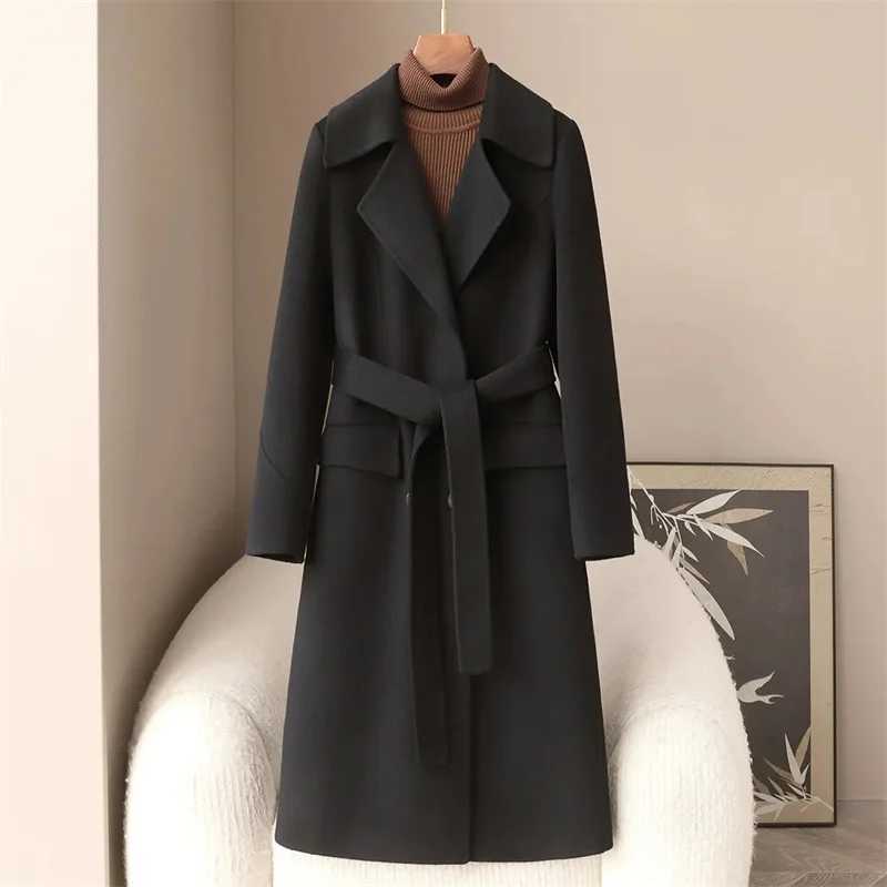2025 Autumn 100 Wool Coats With Belt Fashion Open Stitch Elegant Woolen Cashmere Coat Veste Femme TopsT251101