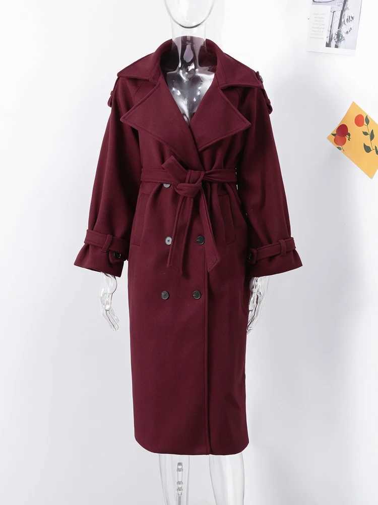 Elegant Womens Burgundy Woolen Overcoat With Belt Lapel Double Breasted Full Sleeve Long Coat 2025 Autumn Winter Lady OutwearT251101