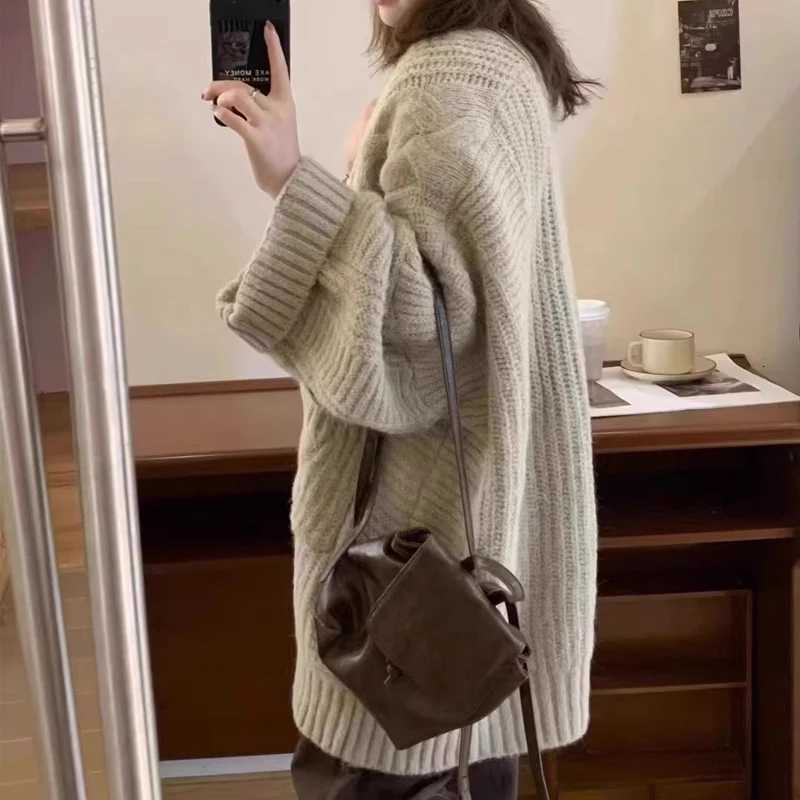 New Loose Womens Knitted Cardigan Casual Solid Color Sweater Medium Length Thick Elegant Loose Coat with PocketsT251101
