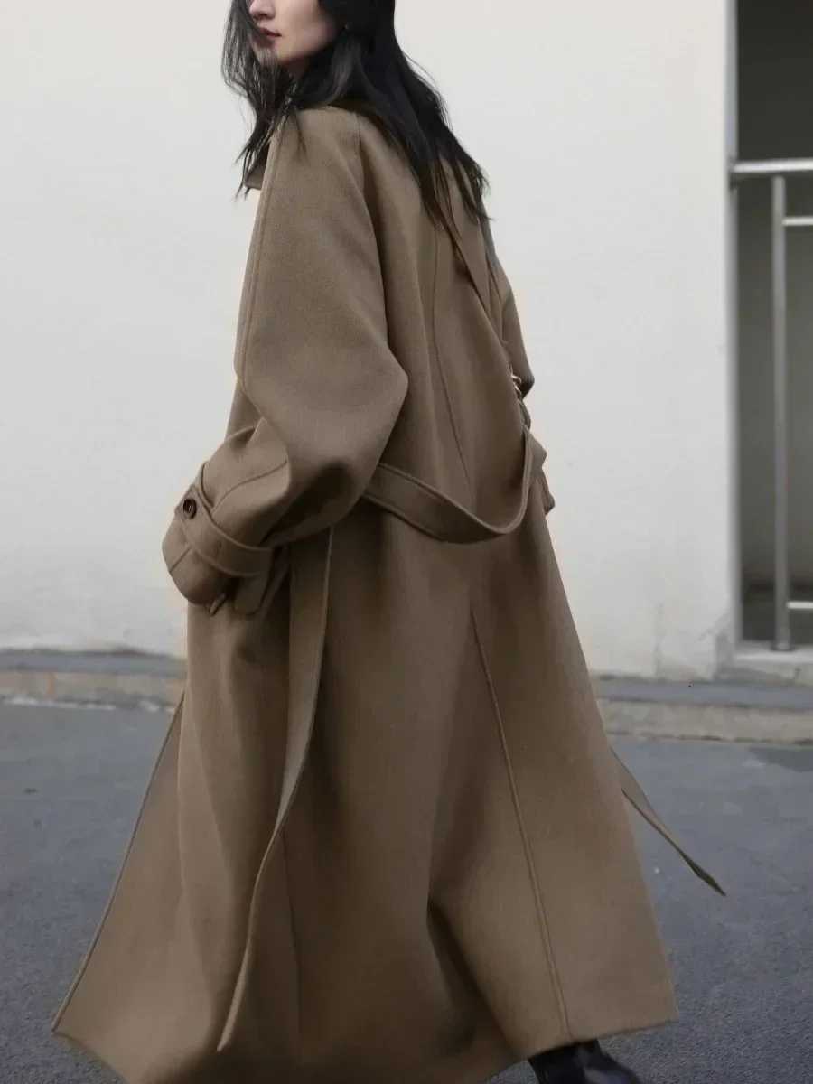 CHIC VEN Womens Long Trencn Coat Standing Belt Lace Up Woolen Coat Raglan Sleeves Long Overcoat Office Lady Autumn Winter 2024T251101