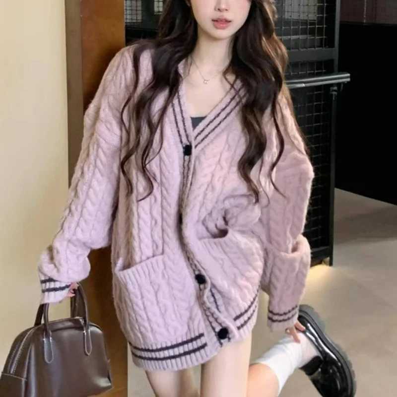 Korean Style Pocket Knitwear Fashion Autumn Long Sleeve Women Cardigan Sweater Casual Vneck Button Loose Elegant Knitted TopsT251101
