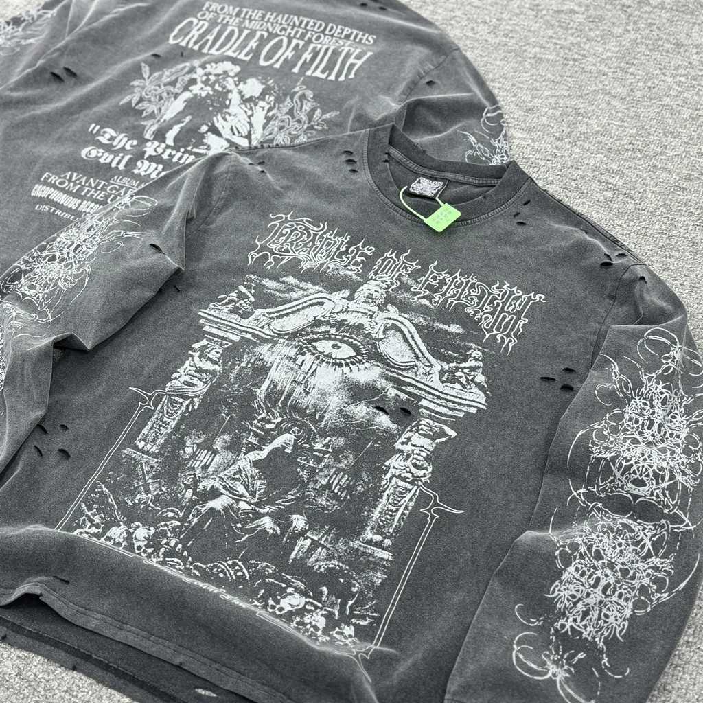 SAINT OF MICHAEL American Style Fashion Streetwear Vintage Hole Long Sleeves Tee Loose Oversized Tops 100Cotton T Shirt Men L251031