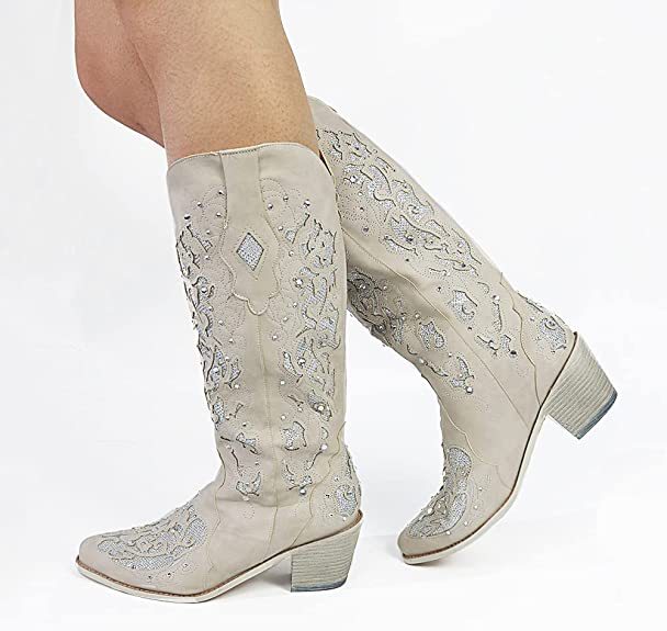 Solid Colored Women's Ethnic Style Embroidery Retro High Tube Boots with Thick Heels