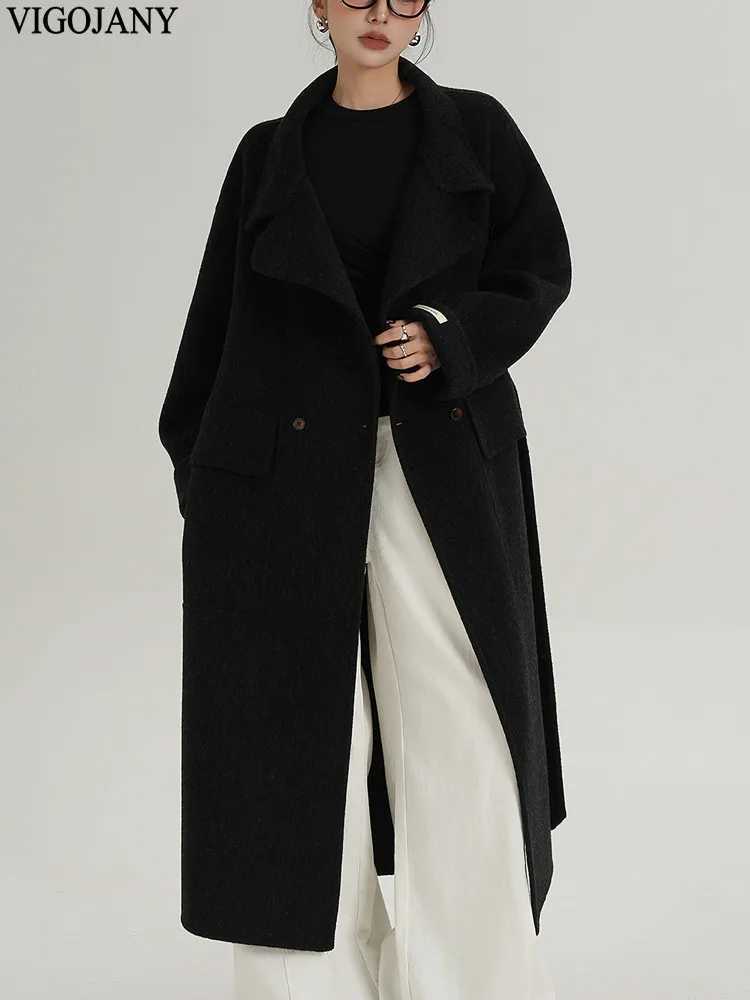 Winter Women Elegant Nature 100 Wool Long Coat 2025 Stand Collar Loose Cashmere Jacket Autumn Lady Black Casual Woolen CoatT251101