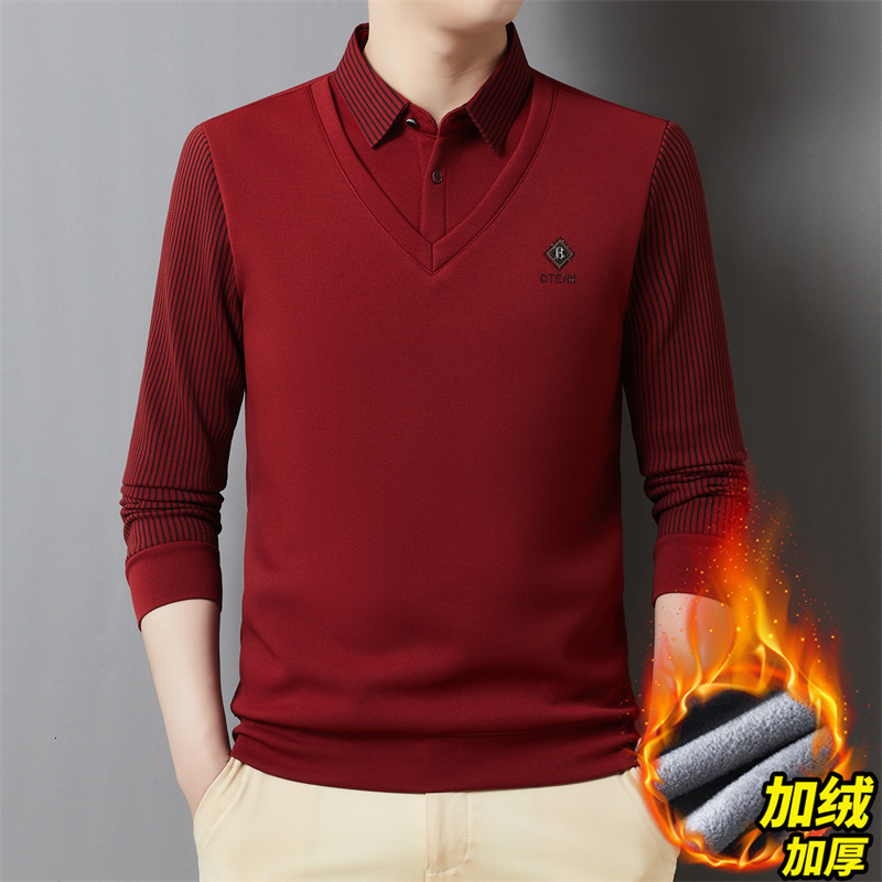 Men's Polo Designer Base Shirt Shirt Fleece Lined Thickened Winter New Fashion Warm Turn-down Collar Fake Two-piece Striped Long Sleeve Designer 
