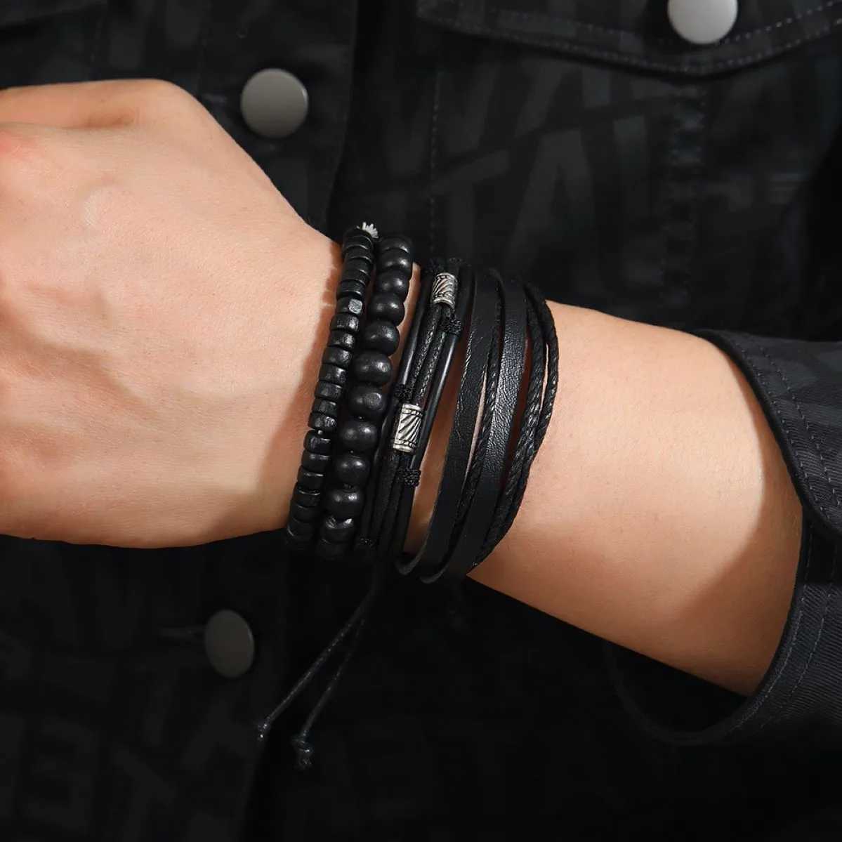 Leather Bracelet Mens Hand Woven Beaded Leather Bracelet Multi Layer Set with Adjustable Bracelet Charm Bracelet Mens Accessories Y250329