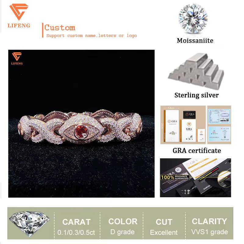 Custom Rose Gold Eyes Bracelet With VVS Moissanite Diamond Hip Hop Jewelry Bracelet Iced Out Chain Men Charm Red Eyes Bracelet