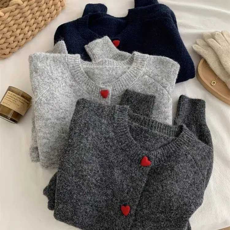 Dark Grey Knitted Cardigan Womens AutumnWinter Vintage Soft Supple Warm Heart Button Raglan Sweater Jacket Crew Neck StyleT251101