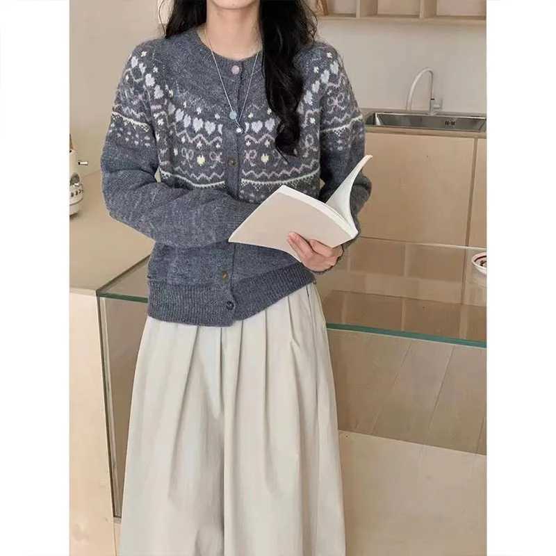 Womens Clothing Fashion Allmatch Patchwork Knit Cardigan Autumn Winter New Casual Loose Long Sleeve Button Sweaters Lady TopsT251101