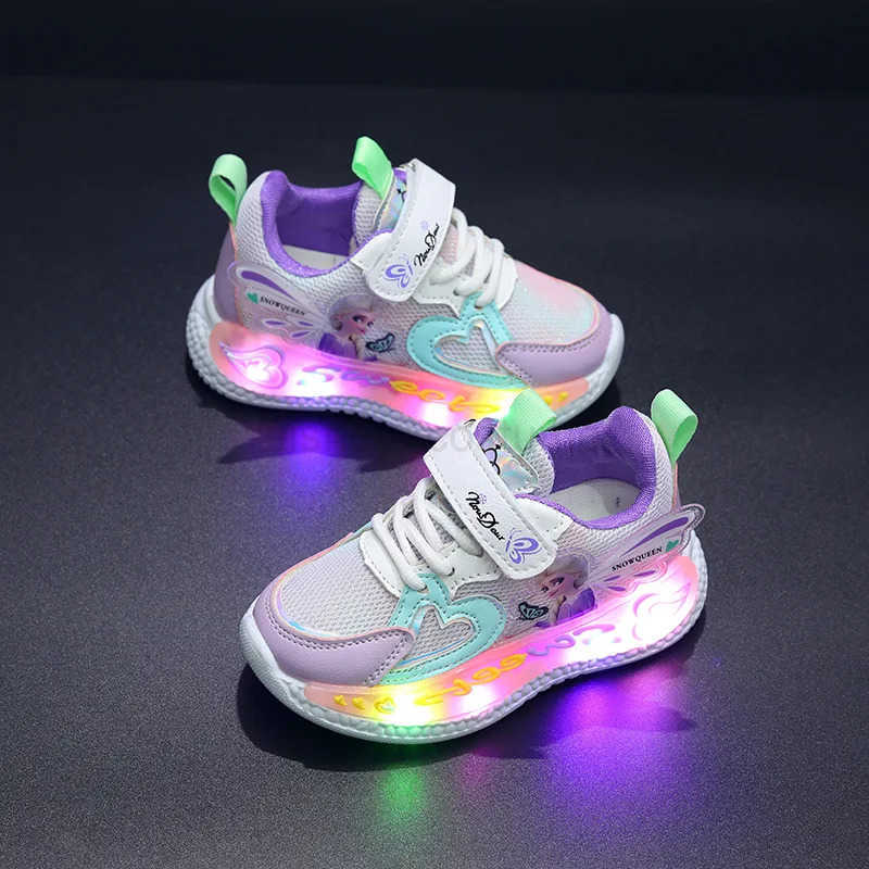 Disney Children Led Shoes Kids Girls Sneakers Frozen Elsa Princess Lighting Shoes Pink Purple Casual Sports Shoes Size 2131 H251101