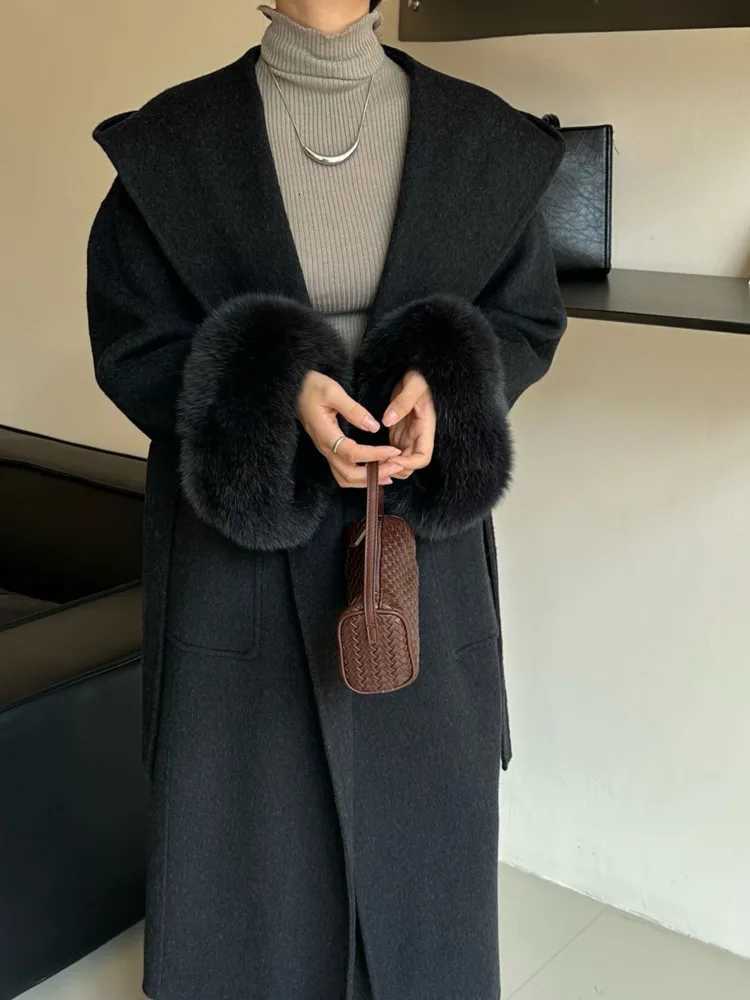 ZMEENNA Womens Long Wool Blend Coat Oversized Hooded Faux Fur Cuff Tie Belt Warm Winter Outerwear Elegant ZM4436T251101