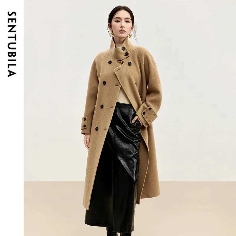 SENTUBILA Korean Style 100 Wool Coats for Women 2025 Winter Oversize Warm Double Breasted Stand Neck Belted Outerwear W44O56385T251101