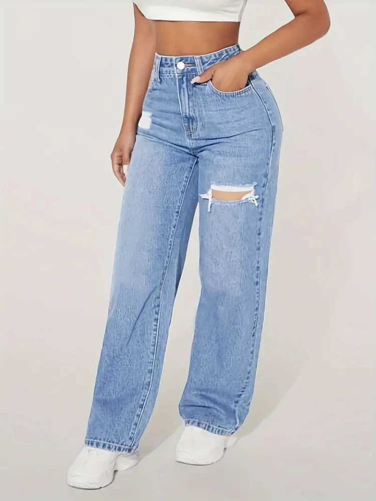 New Y2K Washed Blue Straight Loose Fit High Waist Hole Trousers 2025 Pants Womens Jeans Fashion Personality To Do Old Denim J251031