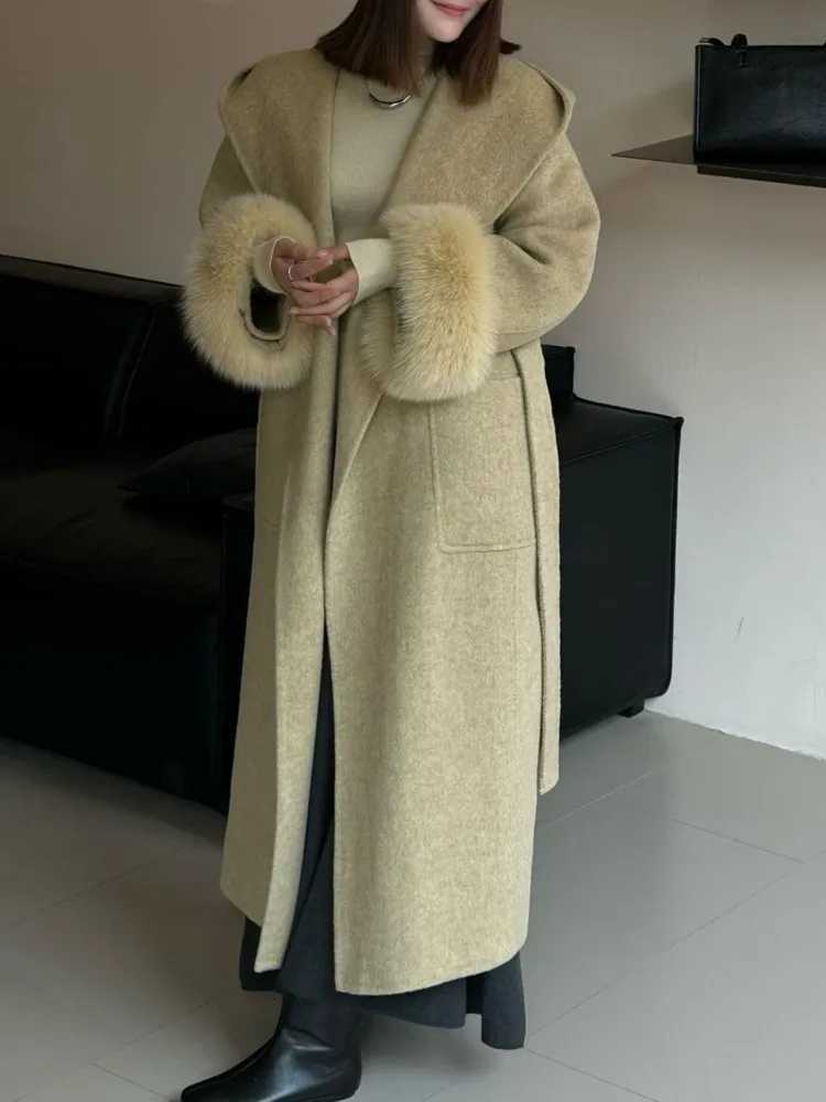 ZMEENNA Womens Long Wool Blend Coat Oversized Hooded Faux Fur Cuff Tie Belt Warm Winter Outerwear Elegant ZM4436T251101