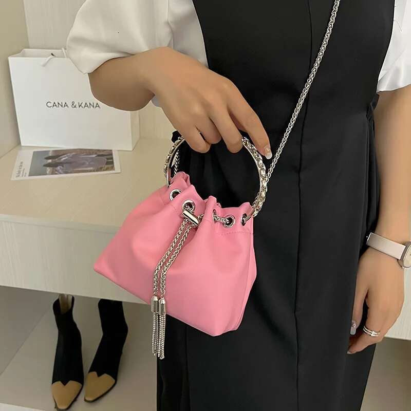 Trendy Korean Small Bucket Fine Crystal Inlay Handle Handbags For Women Chain Shoulder Bag Fashion Pink White Green Clutches