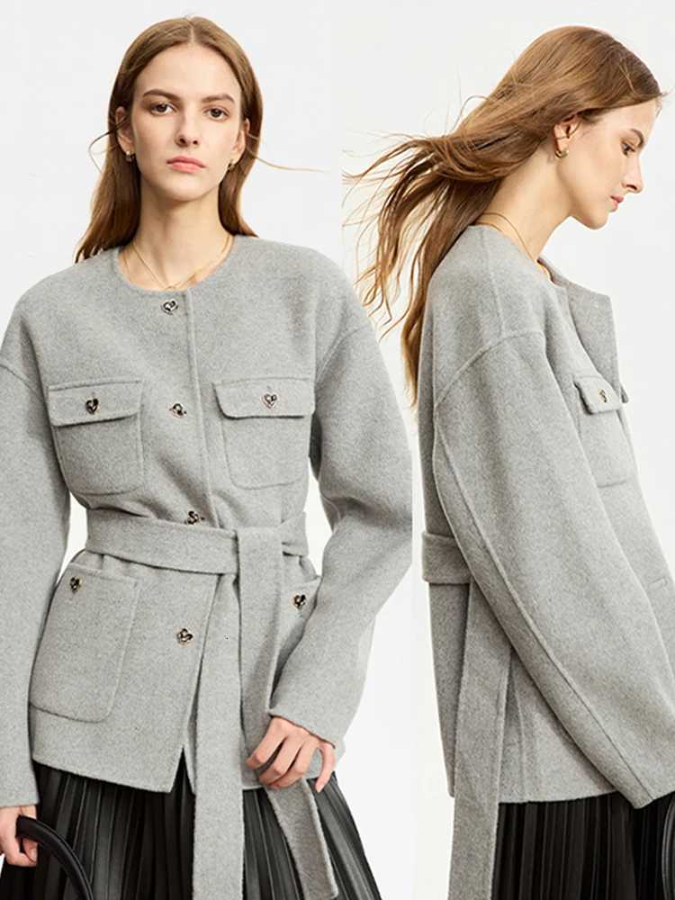 AMII Minimalist Small Fragrant Woolen Coat for Women 2023 Winter New Medium Long Coat Trendy Crewneck With Belt Blends 12364001T251101