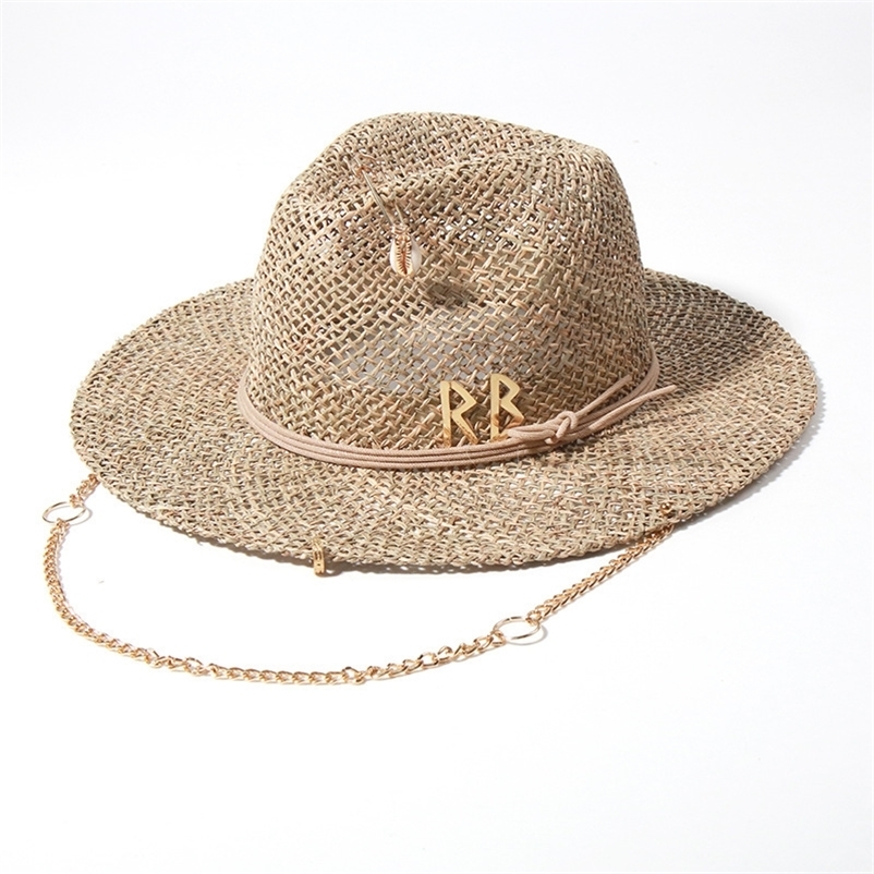 s European and American Style Pin Straw Hat Female Hollow Letter Sun Hat Fashion Metal Chain Sunshade Hat 250326