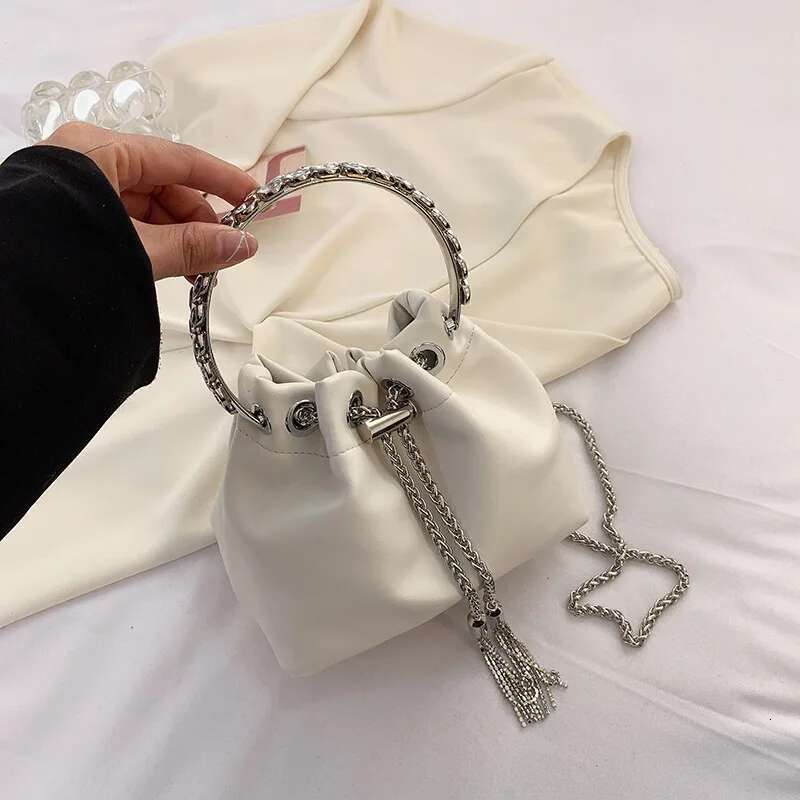 Trendy Korean Small Bucket Fine Crystal Inlay Handle Handbags For Women Chain Shoulder Bag Fashion Pink White Green Clutches