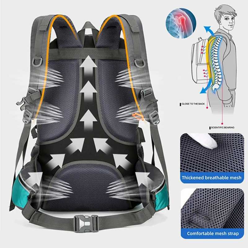 50L Nylon Backpack Camping Bag Outdoor Sport Hiking Trekking Climbing Travel Shoulder Reflective Shoes Luggage Outdoor Men BagC250407