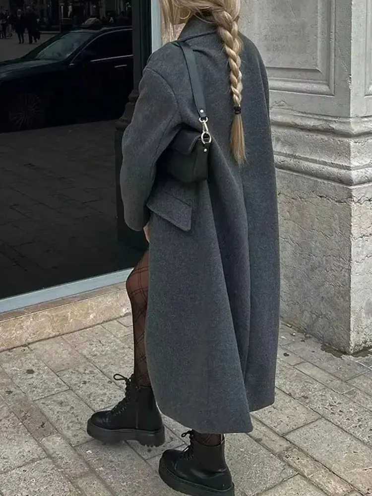 Winter Coat For Women 2024 Solid Lapel Double Breasted Long Cardigan Top Female Pokcet Streetwear Woman New In OuterCoatT251101