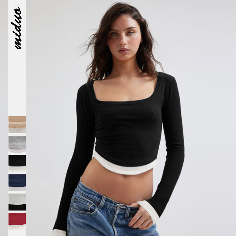 New Y2K American spicy girl pure desire style autumn long sleeved contrasting splicing square neck exposed navel short top T-shirt