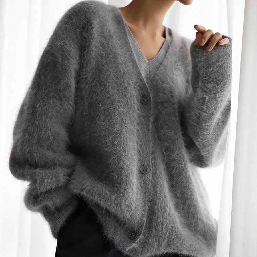 Elegant Mohair Knitted Cardigans Loose O Neck Single Breasted Long Sleeve Sweater Fall Clothes 2024 Women Pink Cardigan LuxuryT251101