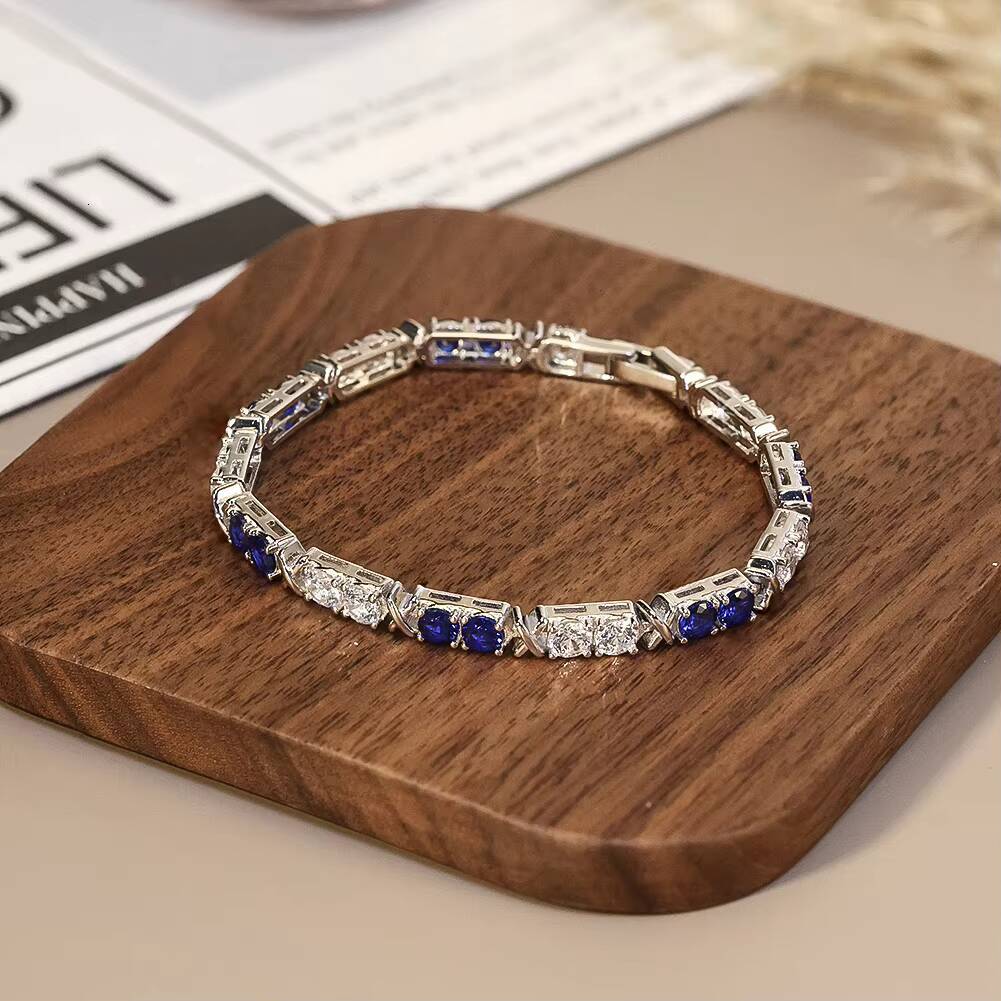 SB206 RINNTIN Dazzling 3mm 4mm Round Cut 5A ClearSapphire Blue CZ Prong Setting Gold Tennis Bracelet Silver Bracelet Jewelry