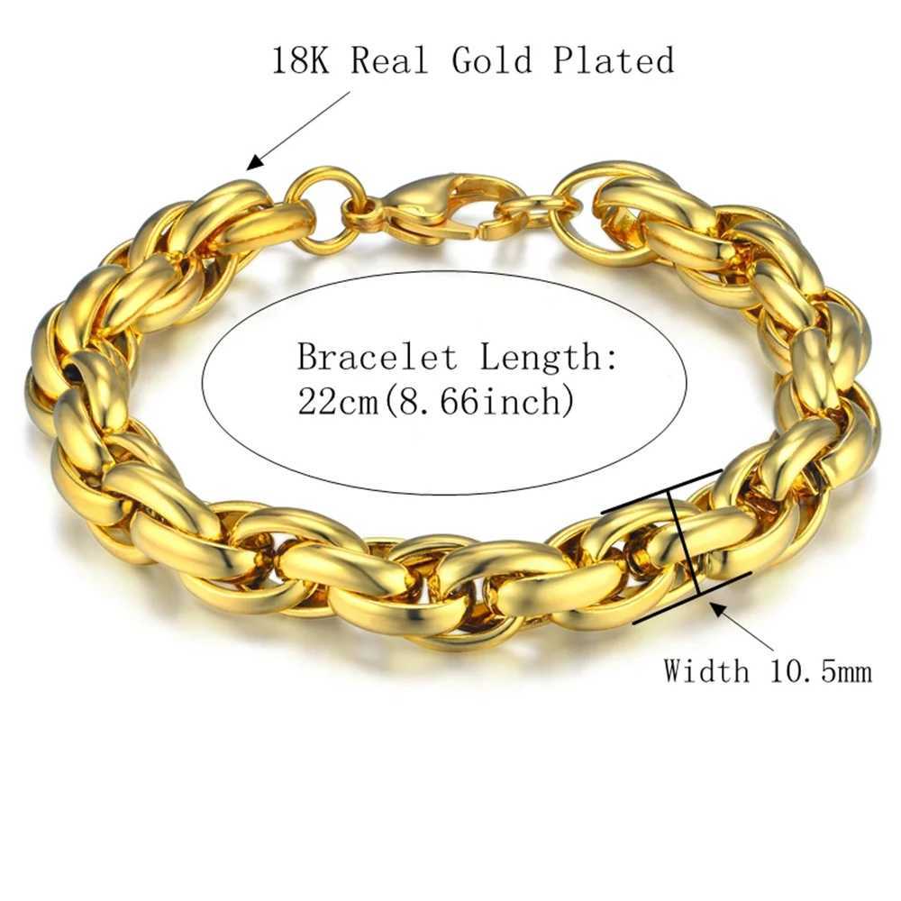10mm Miami Rope Chain Bracelet Hip Hop Punk Gold Plated Jewelry Stainless Steel Mens Bracelet Y250329