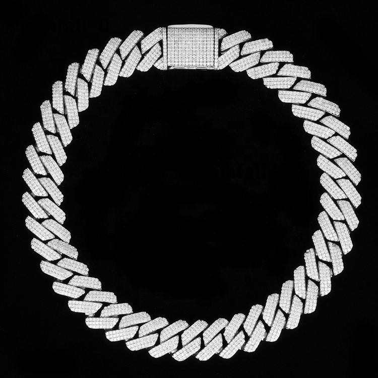 Threerow Stone Cuban Chain Moissanite Ice Crystal Hiphop Silver Necklace Cuban Chain High Jewelry Mens 16mm 18mm 20mm