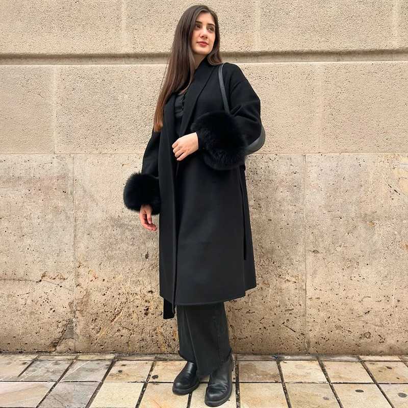 TARUXY Fox Fur Woolen Long Coats Womens Office Lady Removable Elegant Coat Doublesided Wool Overcoat 2025 New Cardigan JacketT251101