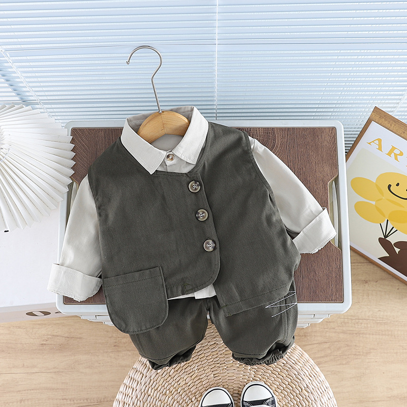 kids tracksuit 2025 Boys 3-Piece Set Utility Vest Outfit with Shirt & Pants Single Pocket Trendy Toddler Clothes for Fall