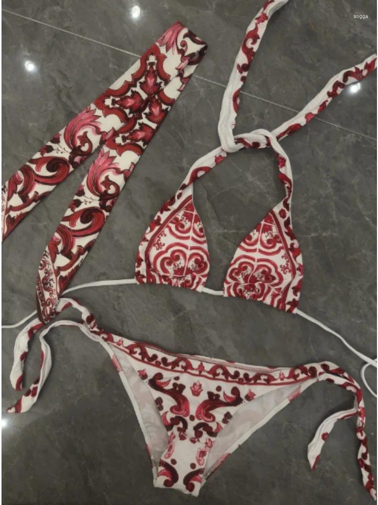 Womens Swimwear Women 3 Pieces Headscarf Bikini Sets Red Swimsuits Designer Brand Lady Beach Sexy