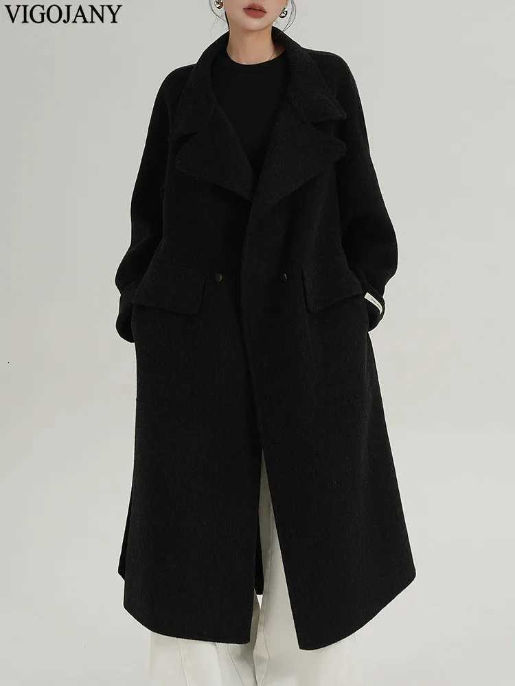 Winter Women Elegant Nature 100 Wool Long Coat 2025 Stand Collar Loose Cashmere Jacket Autumn Lady Black Casual Woolen CoatT251101