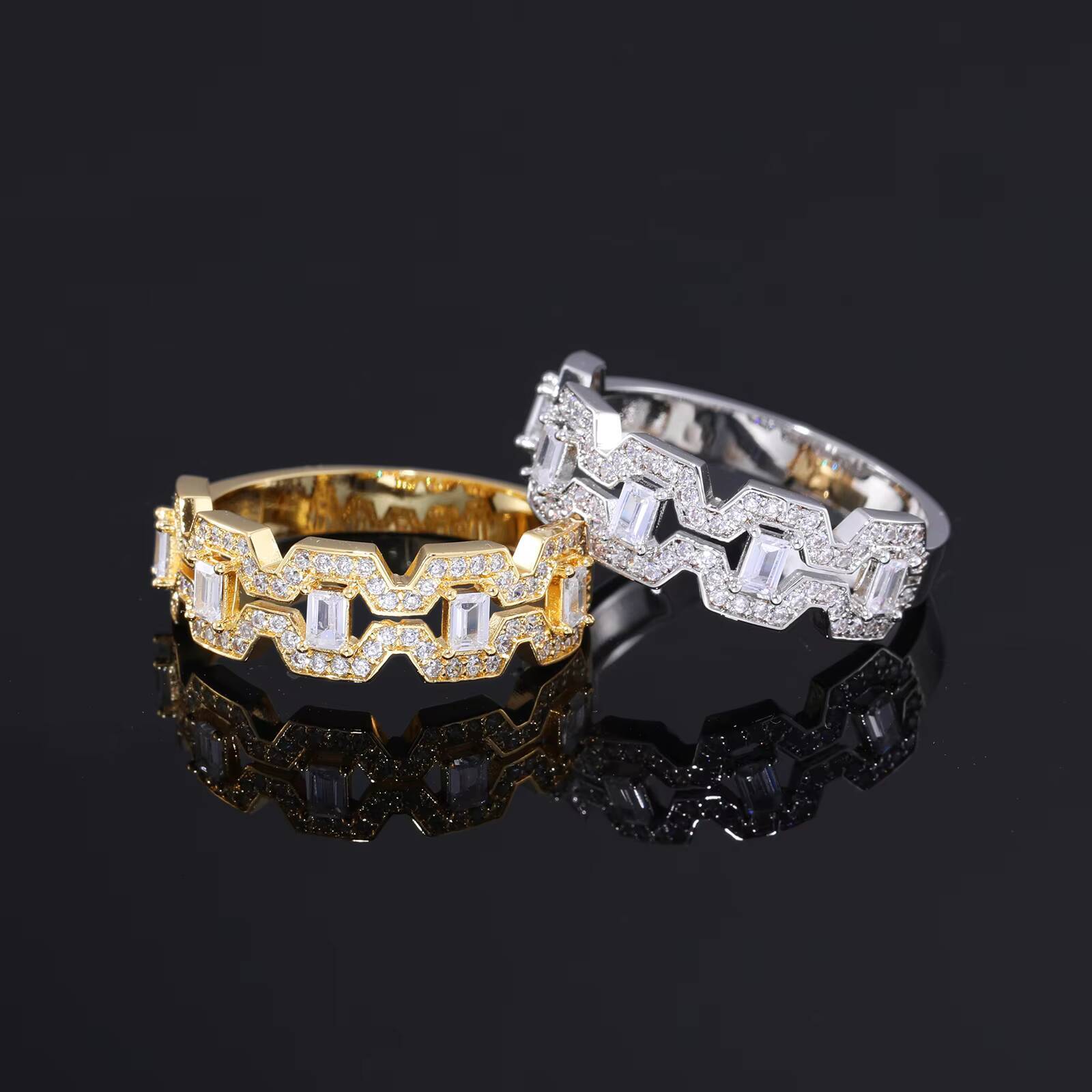 Factory Wholesale Price Bling Hip Hop Jewelry 18k Gold Plated Brass AAAAA Baguette CZ Diamond Wedding Ring for Men
