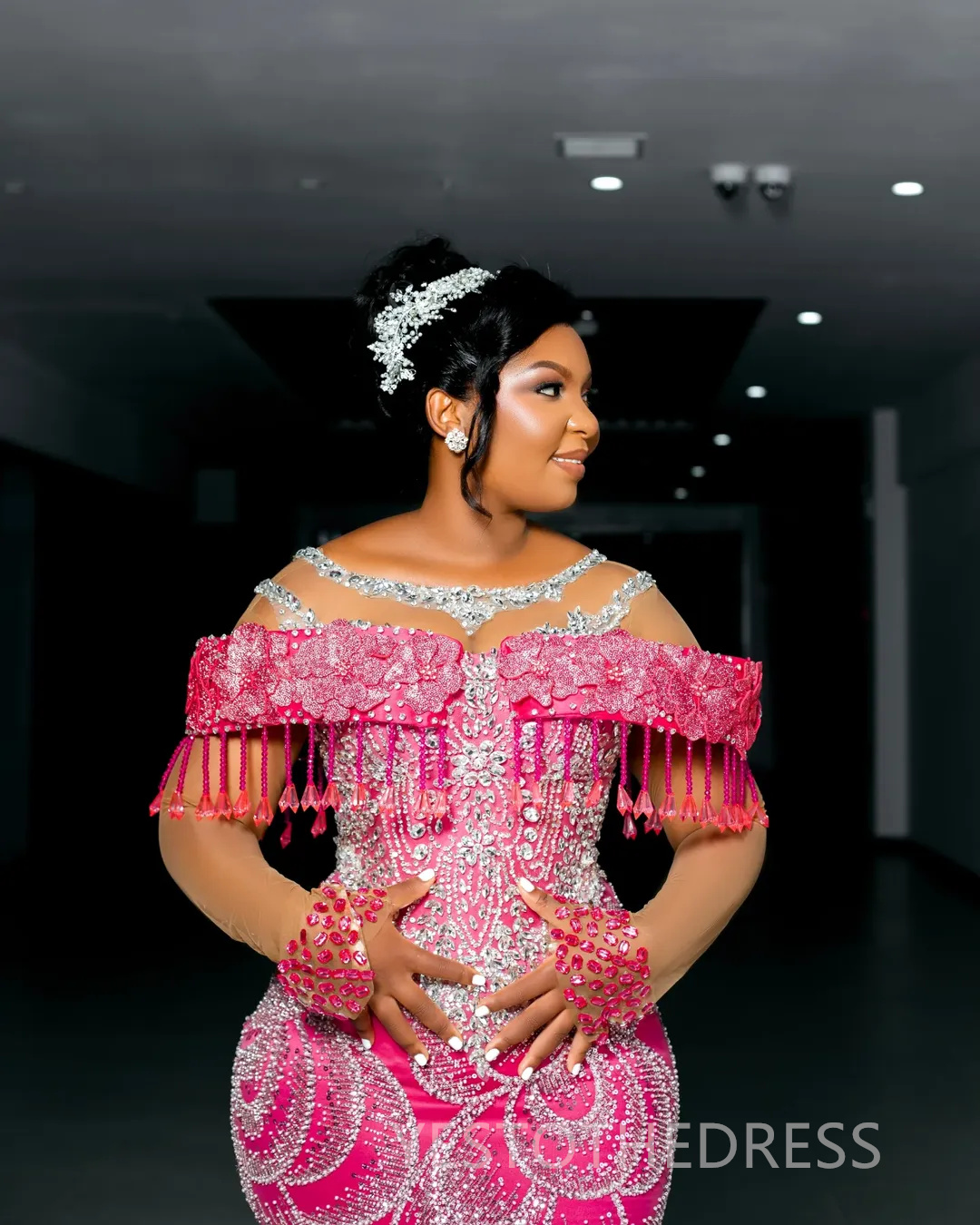 2025 Plus Size Fuchsia Prom Dress Mermaid Evening Dress Sheer Neck Beaded Appliqued Lace Crystals Birthday Dress Second Reception Gowns Engagement AM3