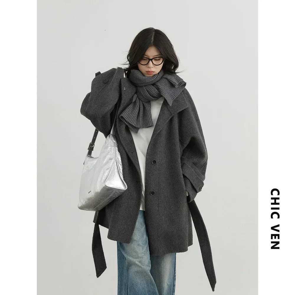 CHIC VEN Korean Women Woolen Coat Single Breasted Loose Stand Collar Belt Long Doublesided Ladies Overcoat Autumn Winter 2024T251101