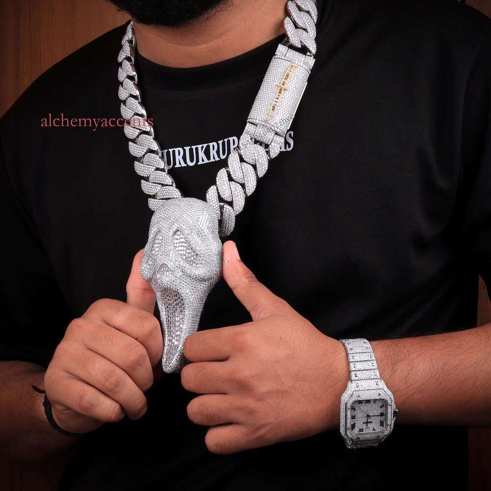 Moissanite Ghost Face Pendant Cuban Chain Iced Out Hip Hop Necklace in 925 Silver Custom Bling Jewelry for Men