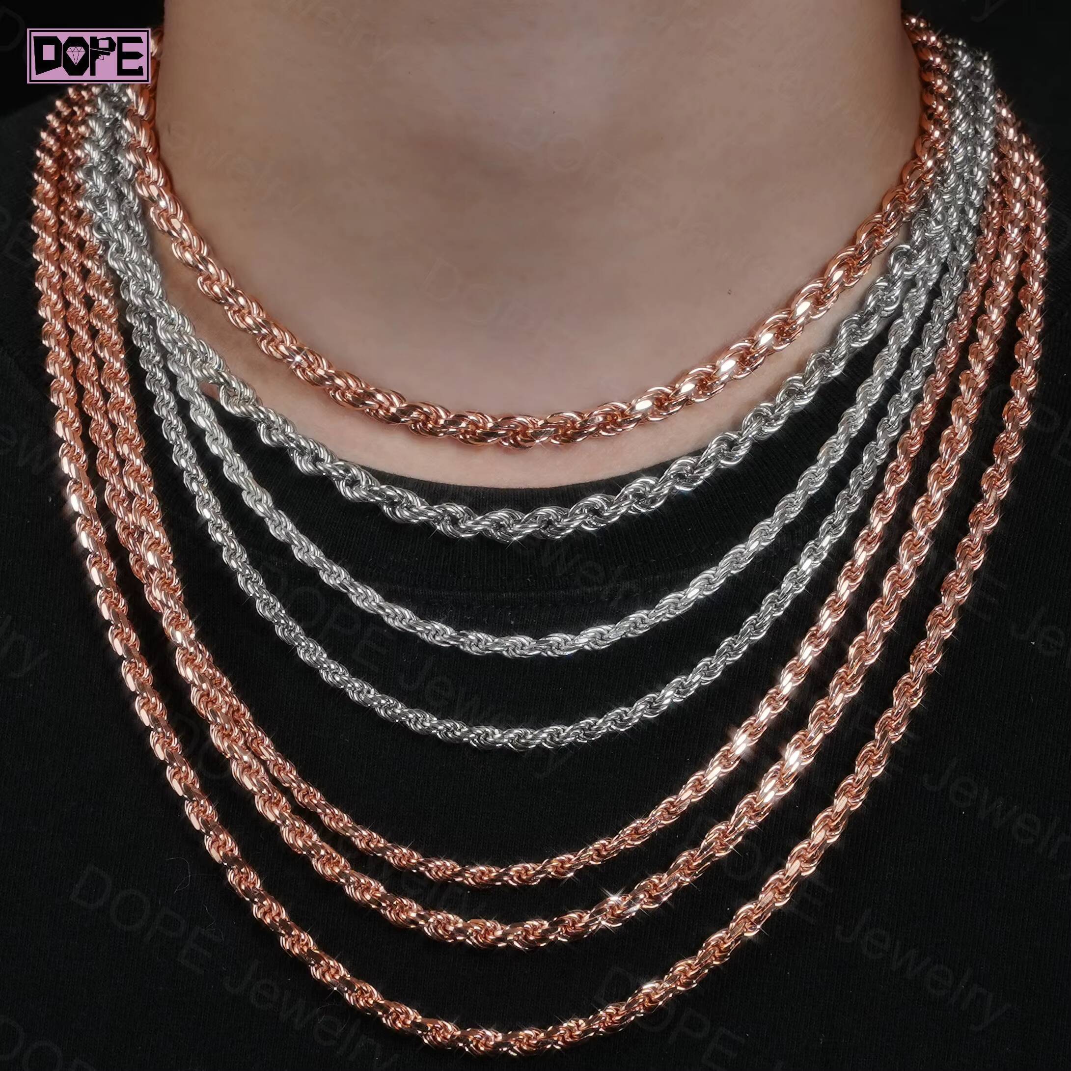 Hip Hop Style Solid 925 Silver Chain 4mm 5mm Necklace Men Women VVS Moissanite Iced Out Clasp Twisted Rope Chain