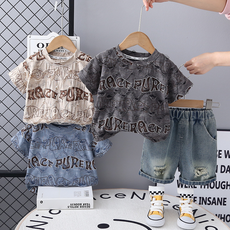 boys designer clothes 2025 Summer Boys Outfit Set Distressed T-shirt & Shorts 2 Piece Set Fashion Breathable Toddler Clothes