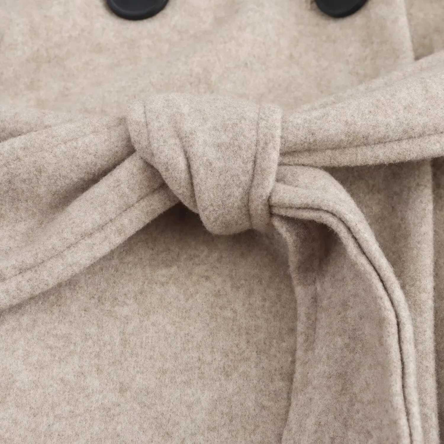 2024 Autumnwinter New Design Sense Loose Long Sleeve Lace Up Cinching Waist Solid Color Medium Long Hooded Woolen Coat 33W1T251101