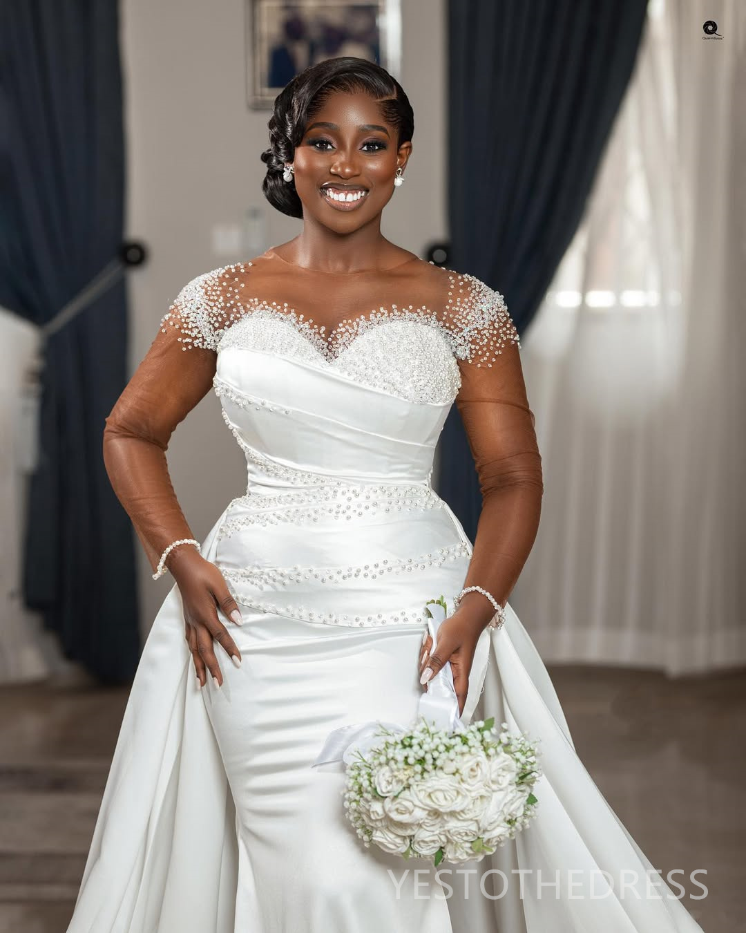 2025 Plus Size Mermaid Wedding Dress Bridal Gowns For Bride Detachable Train Sheer Neck Illusion Long Sleeves Beaded Lace Wedding Gowns For Black Wome