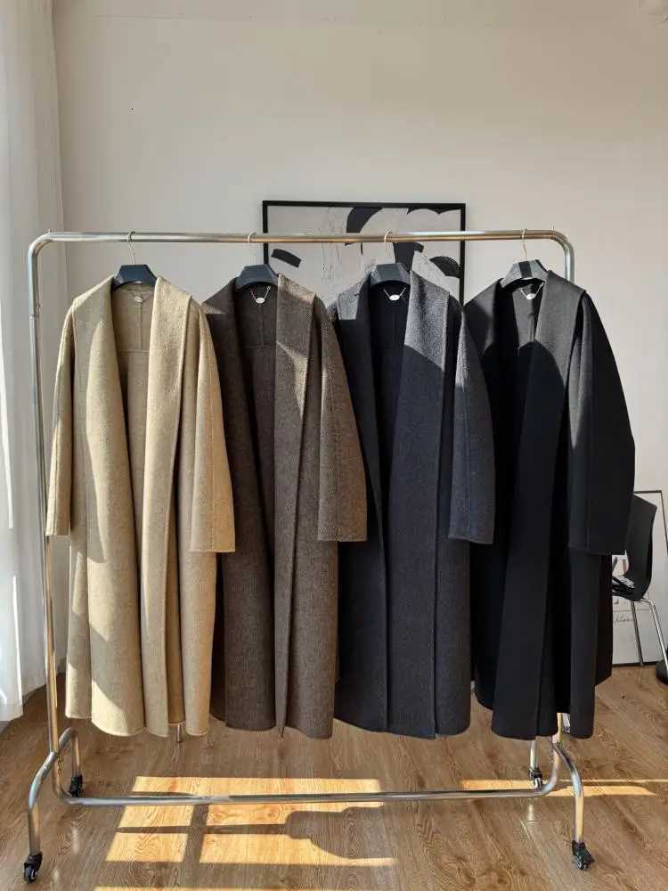 Office Lady Woolen Jackets 2025 Autumn And Winter Shoal Collar Bathrobe Style LaceUp Loose Womens Long 100 Wool CoatsT251101