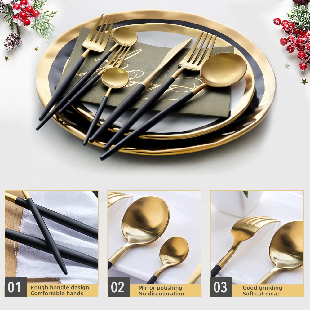 24pcs Black Western Dinnerware Set Stainless Steel Cutlery Set Fork Knife Spoon Tableware Set Flatware Set Silverware Set 250325