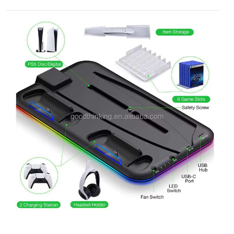Headphone CD Disk Storage RGB LED Light Dual Game Controller Cool Fan for P5 Charger Stand
