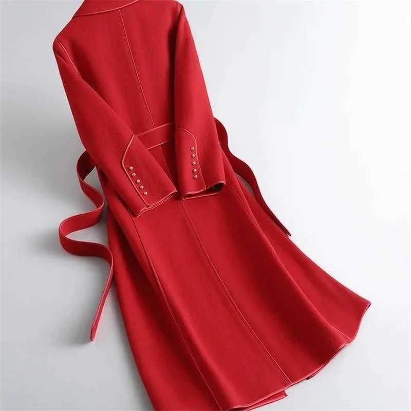 Red Doublesided Cashmere Coat For Womens Woolen Windbreaker AutumnWinter New Lady Slim High end Wool OvercoatT251101
