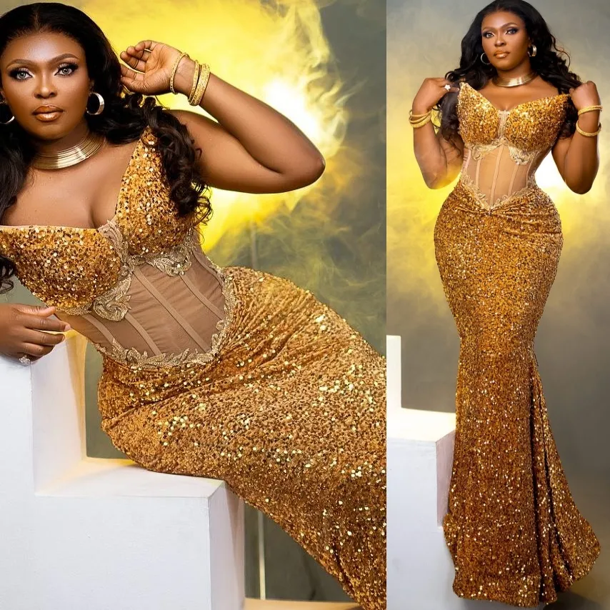 Gold Mermaid Prom Dresses Lace Sequined Sweetheart Evening Formal Party Second Birthday Engagement Gowns Plus Size Dress For Special Occasions