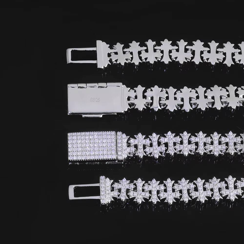 NUOYA 8MM Cross Cuban Chain VVS Moissanite Hip Hop Bracelet 925 Silver for Men and Women Cross Cuban Bracelet for Men and Women